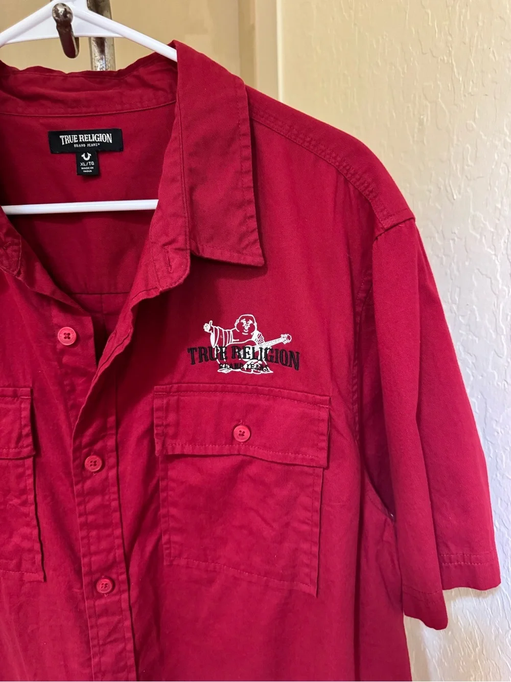 True Religion Men’s Red Button Up Shirt Embroidered Logo Utility XL